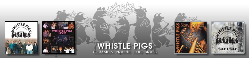 Whistle Pigs Band Footer showing dancing pigs and four CD Covers